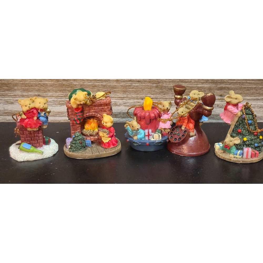 Vintage Christmas Miniature Resin Ornaments Mice Bears Fireplace Tree Set of 5